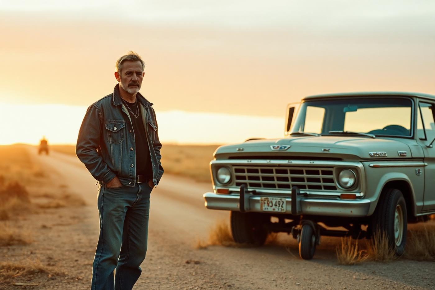 Man in a denim jacket beside an old pickup truck on a dirt road at golden hour